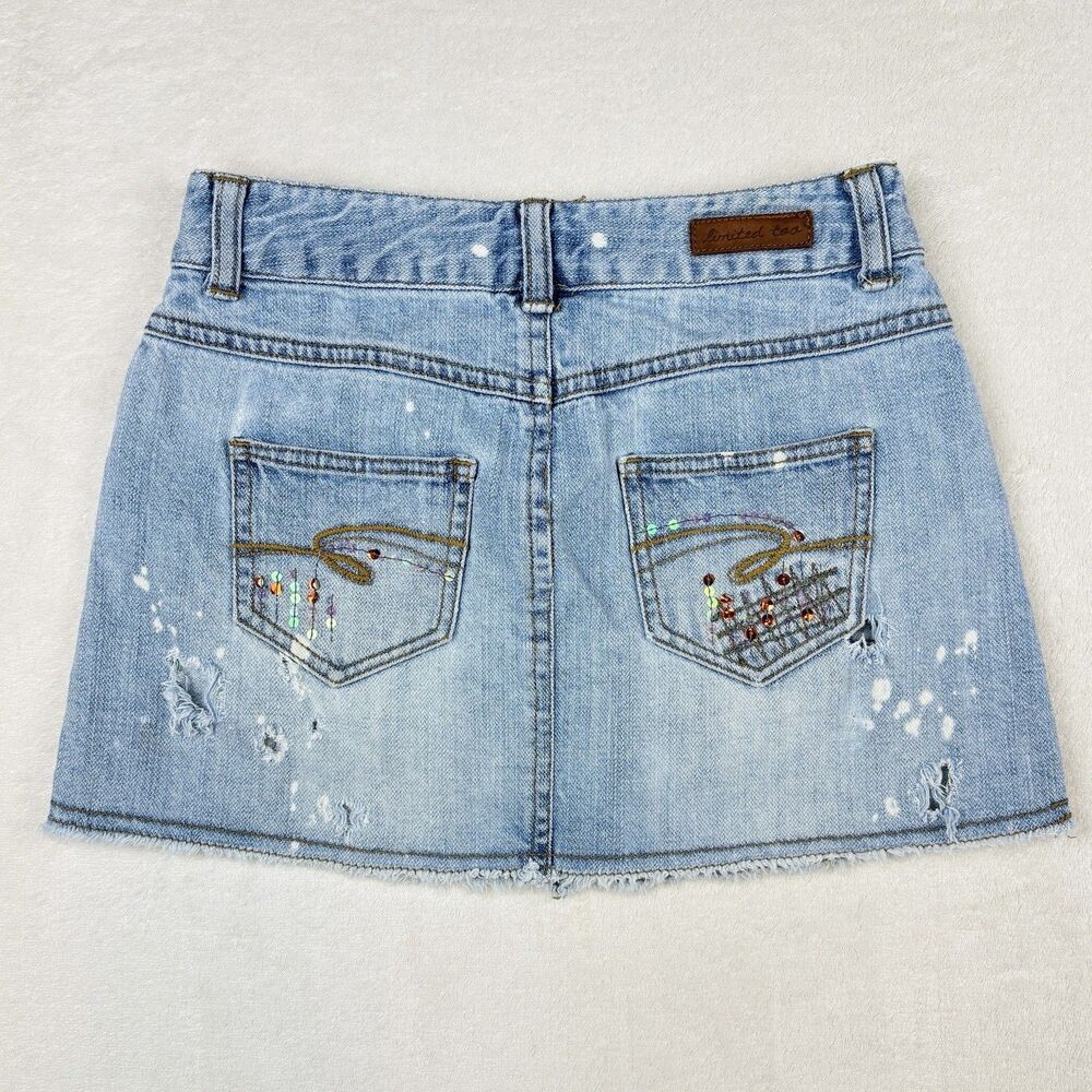 Vintage Limited Too Denim Skirt Girls 8 Light Wash Distressed Sequins 90s Y2K